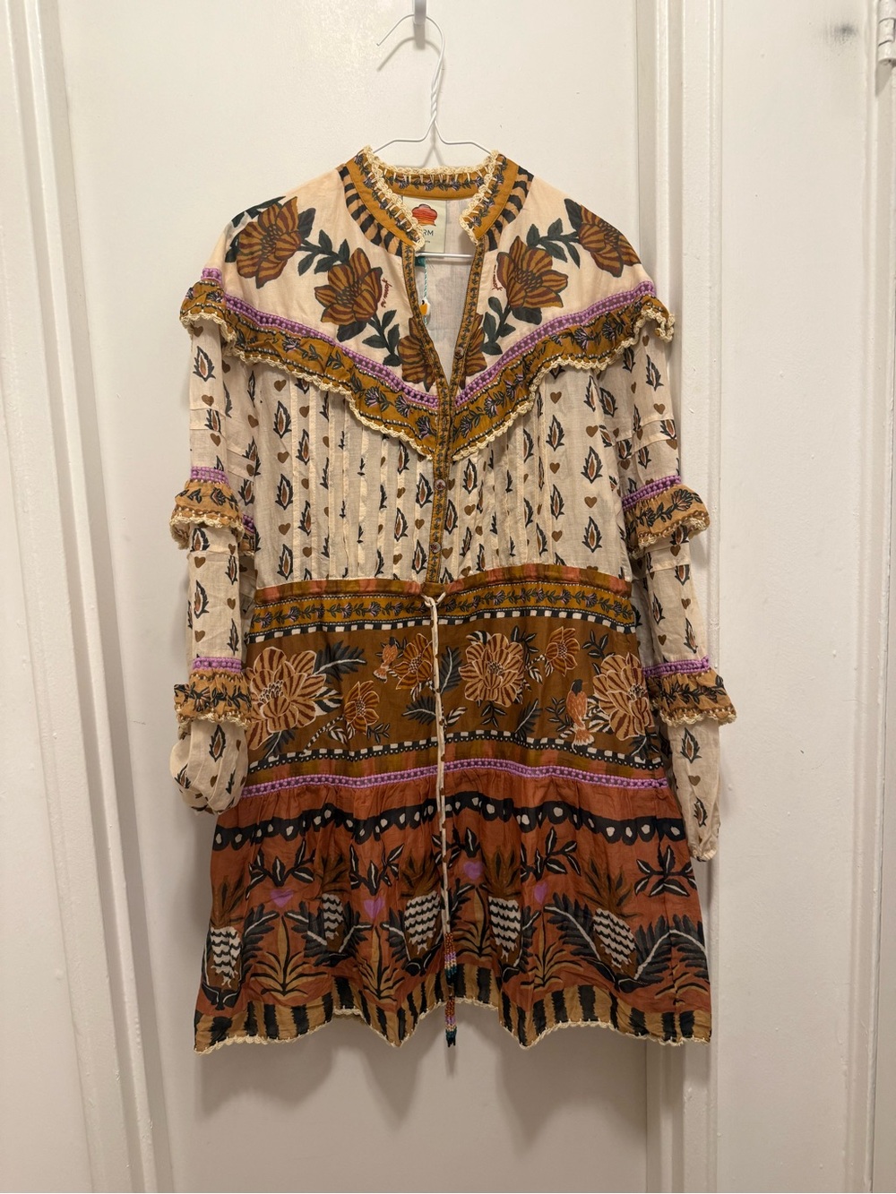 FARM Rio Cream and Brown Floral Midi Dress with Purple Accents